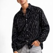 Silver Foil All Over Printed Droupshoulder Shirt -black 1