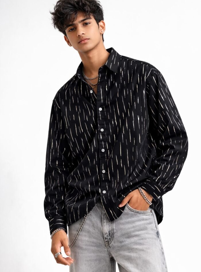 Silver Foil All Over Printed Droupshoulder Shirt -black 1