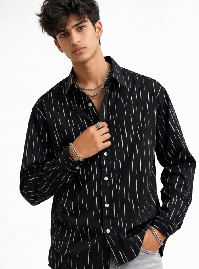 Silver Foil All Over Printed Droupshoulder Shirt -black 2