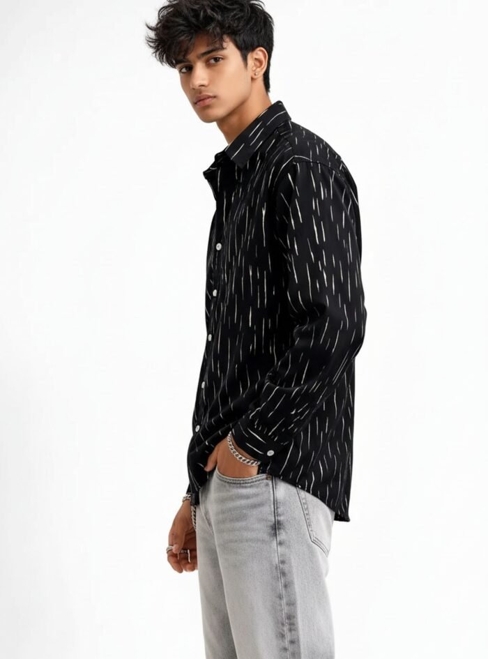 Silver Foil All Over Printed Droupshoulder Shirt -black 3