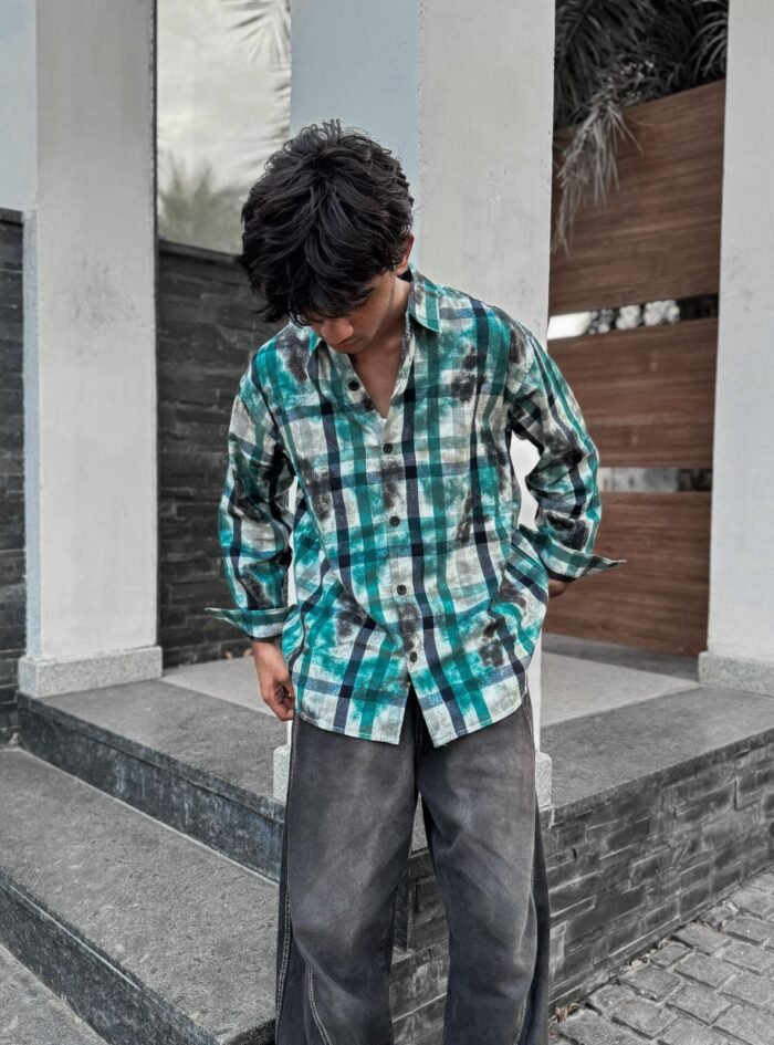 Sinclair Back Printed Acid Cord Check Drop-Shoulder Shirt-teal green1