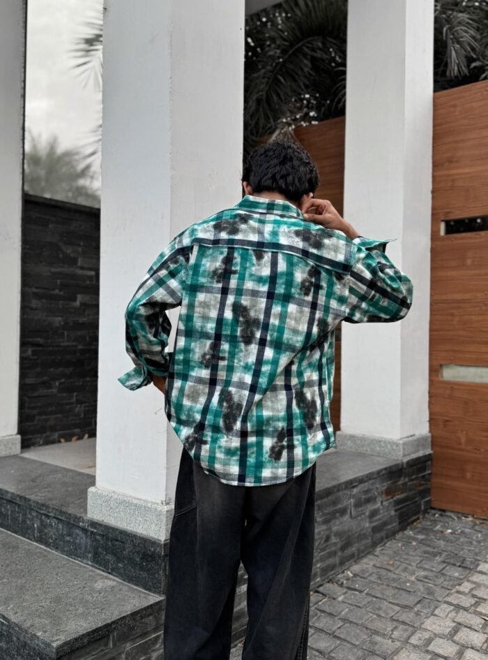 Sinclair Back Printed Acid Cord Check Drop-Shoulder Shirt-teal green2