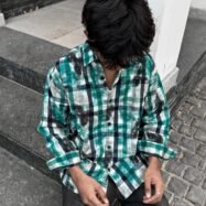 Sinclair Back Printed Acid Cord Check Drop-Shoulder Shirt-teal green3