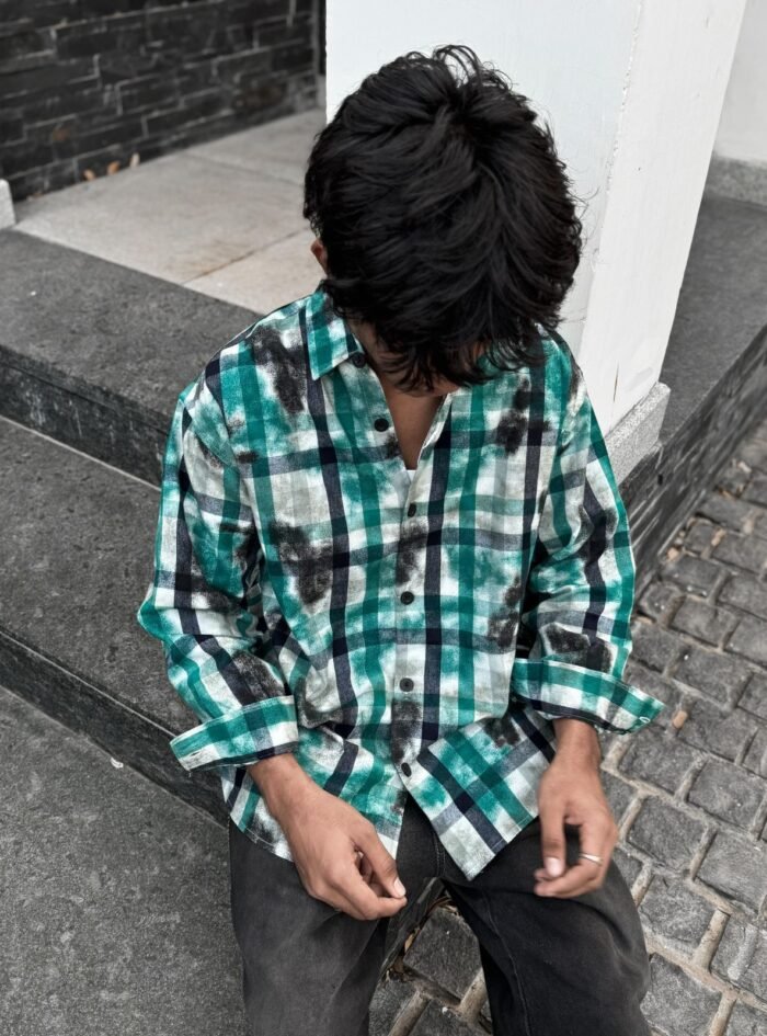 Sinclair Back Printed Acid Cord Check Drop-Shoulder Shirt-teal green3