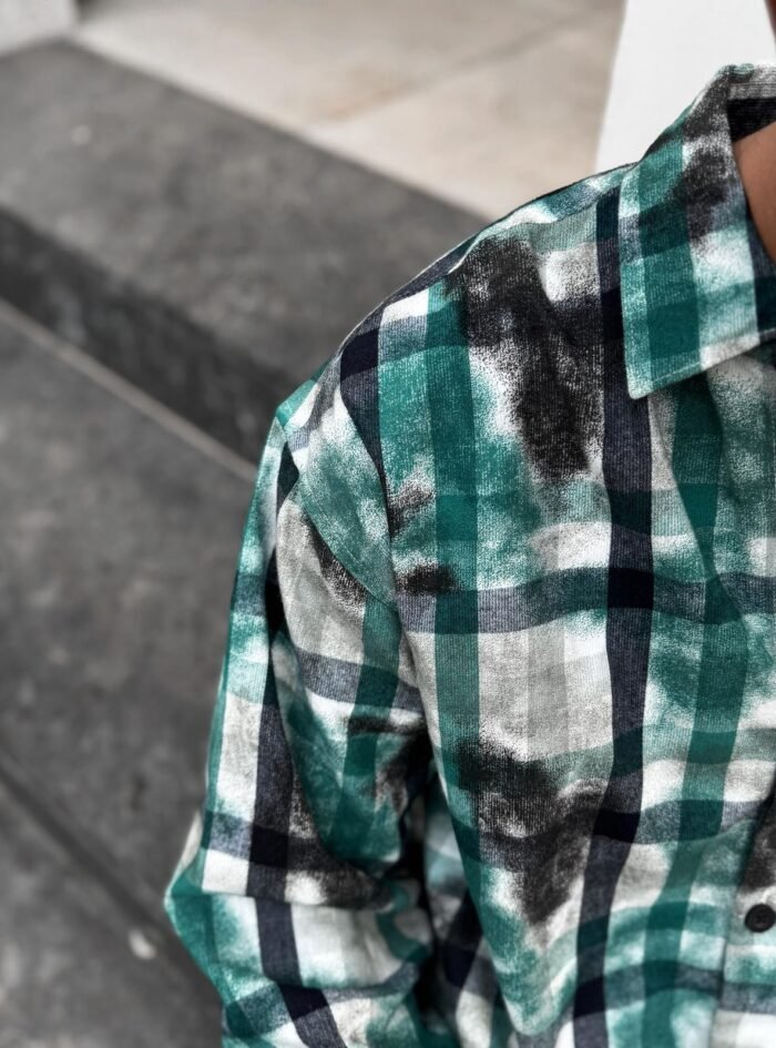 Sinclair Back Printed Acid Cord Check Drop-Shoulder Shirt-teal green4