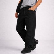 Solid Loose Fit Cotton Jeans for Men - Black 2