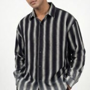 Striped with dip wahsed dropshoulder shirt - Black-Grey - 1