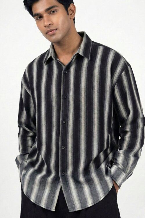 Striped with dip wahsed dropshoulder shirt – Black-Grey – 1
