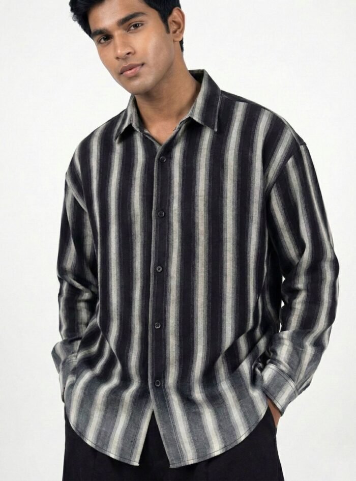 Striped with dip wahsed dropshoulder shirt - Black-Grey - 1