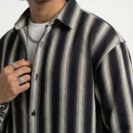 Striped with dip wahsed dropshoulder shirt - Black-Sand - 1