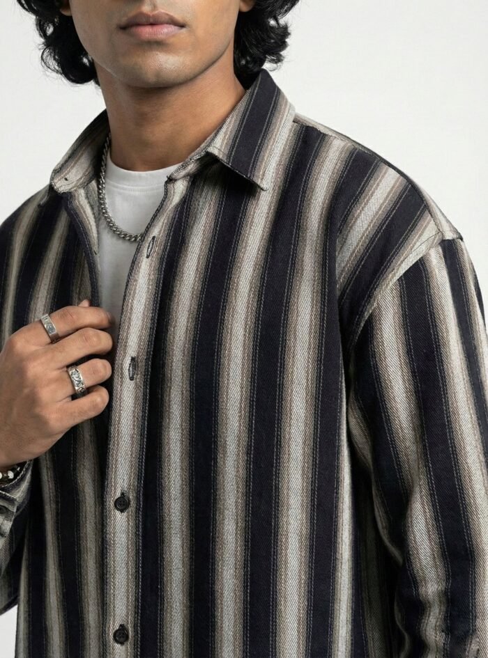 Striped with dip wahsed dropshoulder shirt - Black-Sand - 1