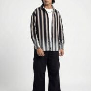 Striped with dip wahsed dropshoulder shirt - Black-Sand - 2