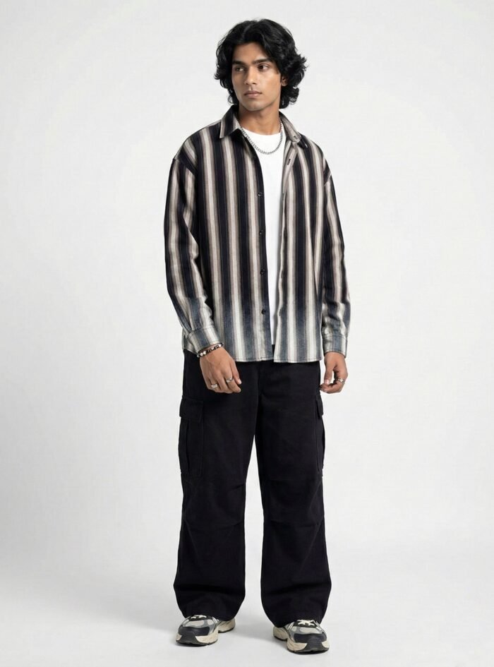 Striped with dip wahsed dropshoulder shirt - Black-Sand - 2