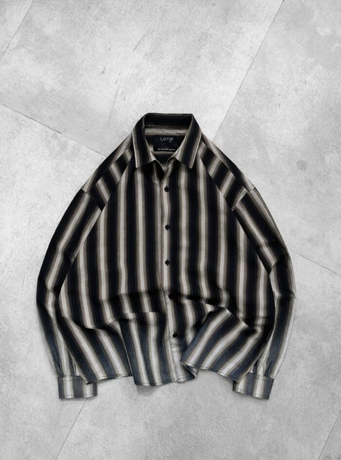 Striped with dip wahsed dropshoulder shirt - Black-Sand - 4