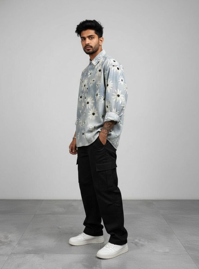 Washed Drop-Shoulder Shirt with All-Over Flower Print Washed Drop-Shoulder Shirt with All-Over Flower Print