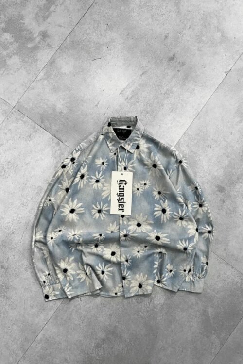 Washed Drop-Shoulder Shirt with All-Over Flower Print - Blue