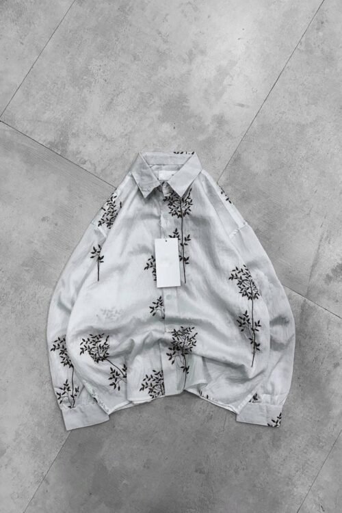 Mono-Leaf Embroidery Linen-Blend Shirt