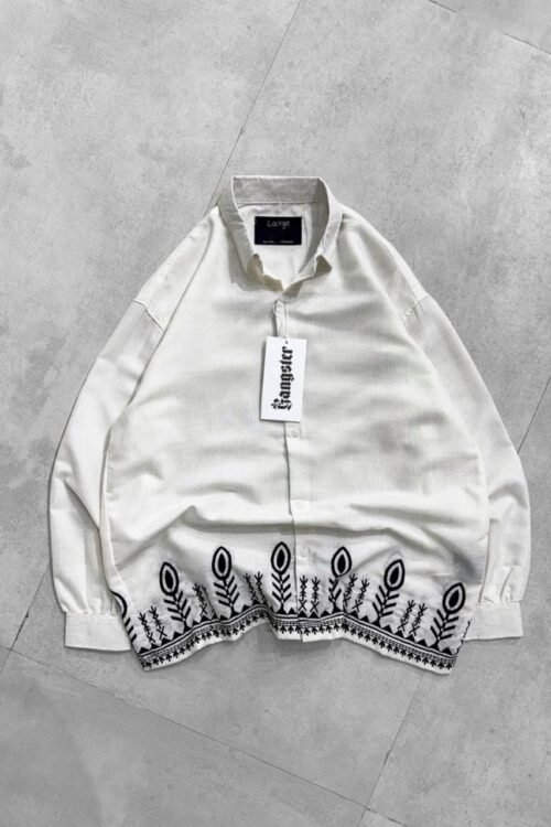 Tribal Hem Embroidery Dropshoulder Shirt – White