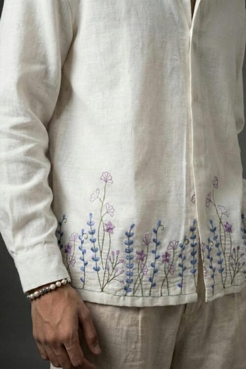 Wildflower Hem Embroidery Dropshoulder Shirt – White