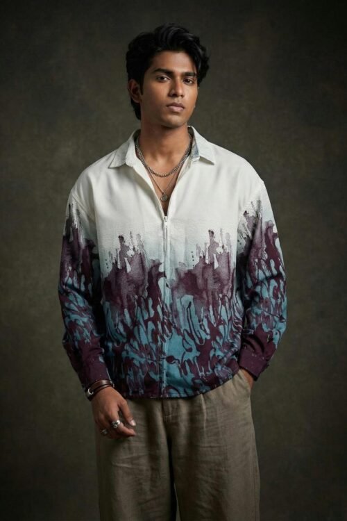 Abstract Drip Zip-Collar Statement Shirt – Ivory Blue