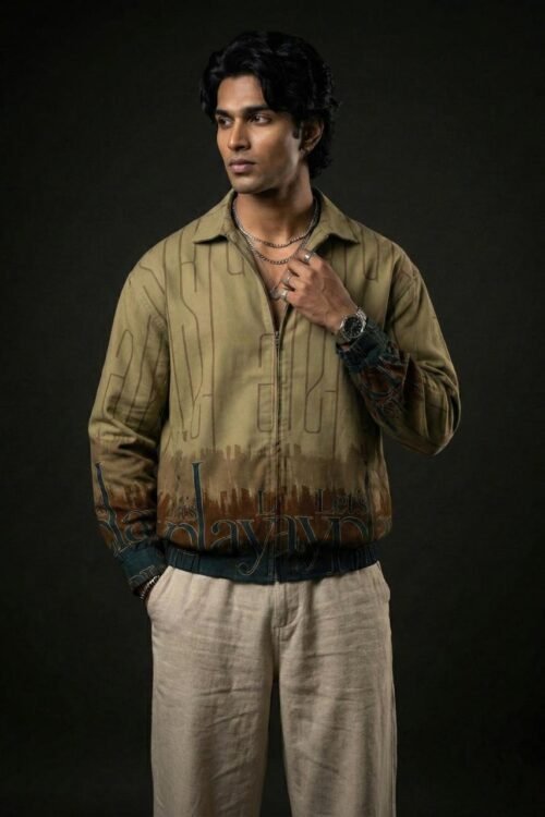 Olive Script Fade Zip-Collar Statement Shirt