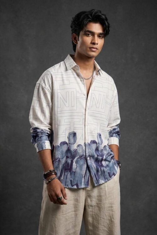 Urban Silhouette Statement Dropshoulder Shirt – Ivory Blue