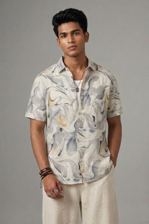 Abstract Marble Print Shirt - White & Grey