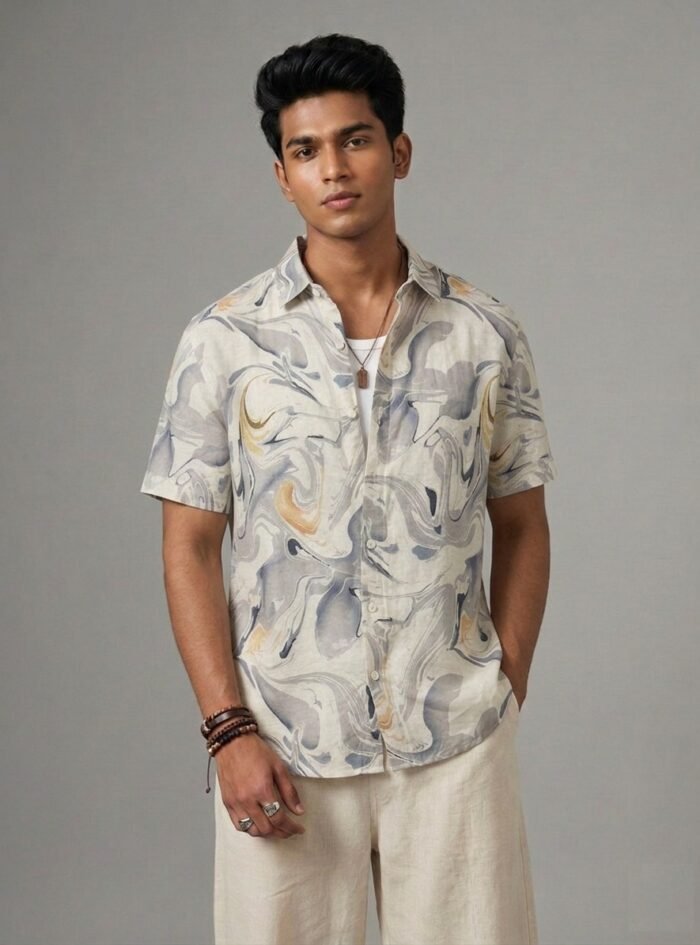 Abstract Marble Print Shirt - White & Grey1