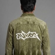 Auvra Back Printed Oversize Corduroy Shirt- Olive Green2