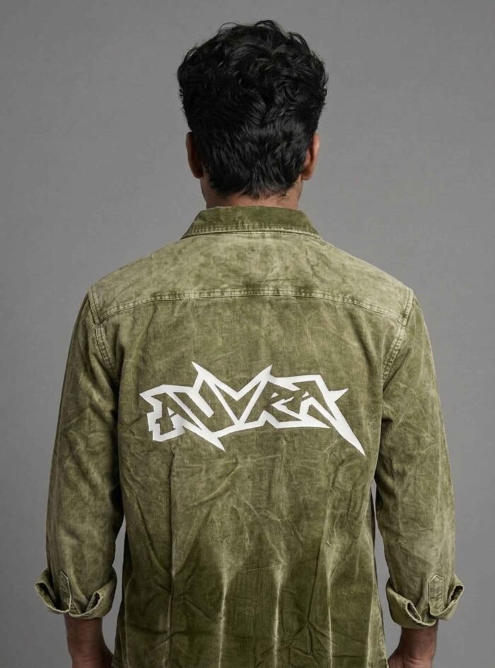 Auvra Back Printed Oversize Corduroy Shirt- Olive Green2
