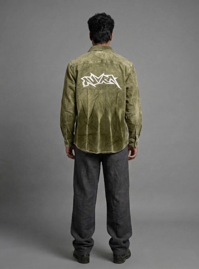 Auvra Back Printed Oversize Corduroy Shirt-Olive Green3