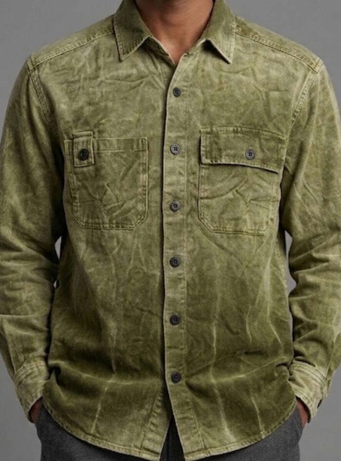 Auvra Back Printed Oversize Corduroy Shirt-Olive Green4