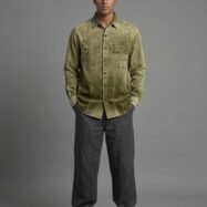 Auvra Back Printed Oversize Corduroy Shirt- Olive green