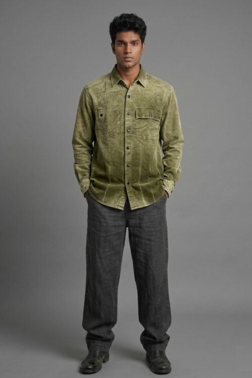 Auvra Back Printed Oversize Corduroy Shirt - Olive Green