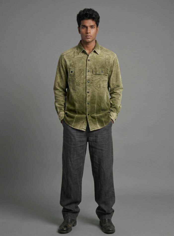 Auvra Back Printed Oversize Corduroy Shirt- Olive green