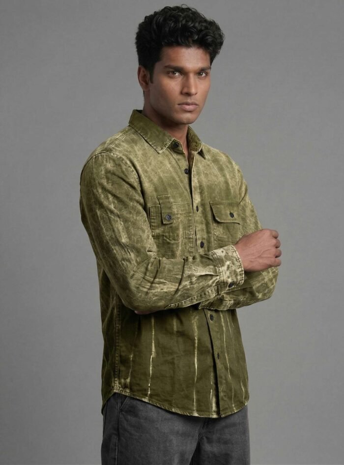 Auvra Back Printed Oversize Corduroy Shirt- Olive green1
