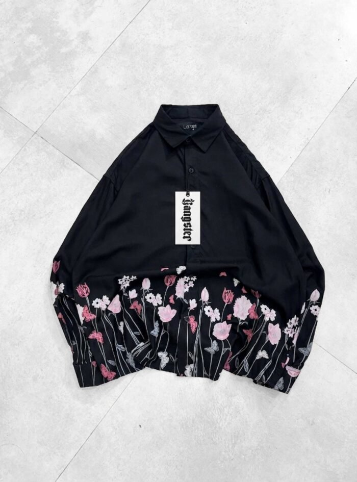 Bottom Floral Printed Dropshoulder Shirt-black1