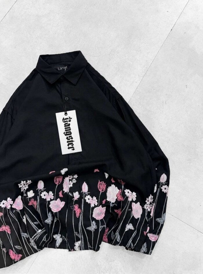 Bottom Floral Printed Dropshoulder Shirt-black2