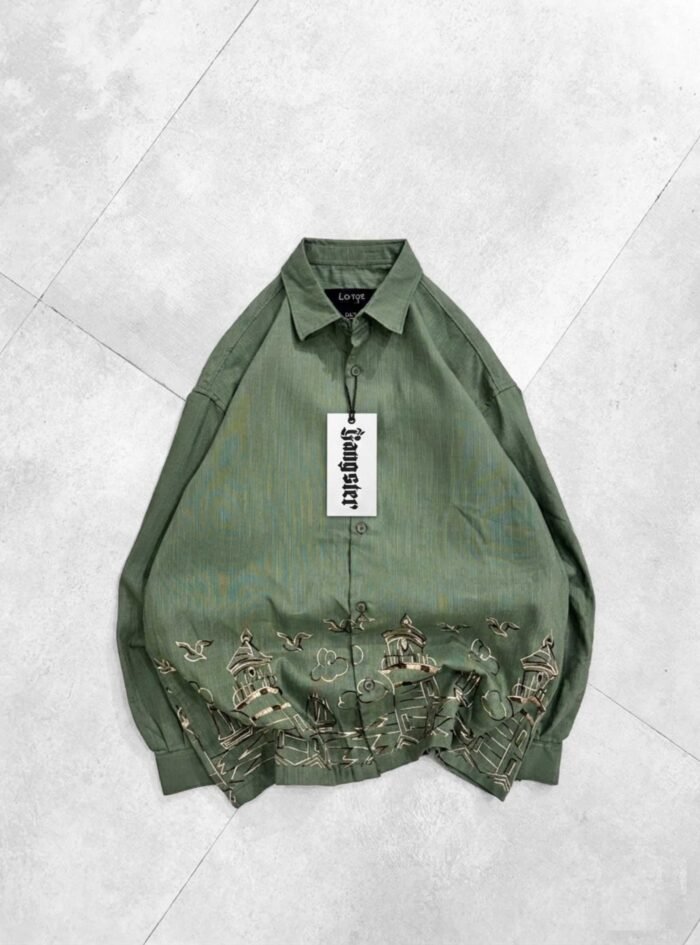 Coastal Scene Embroidery Shirt-sage green
