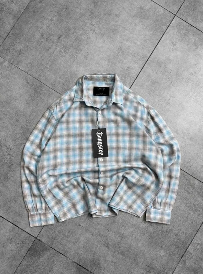 Cropped Plaid Button-up Shirt-Blue1