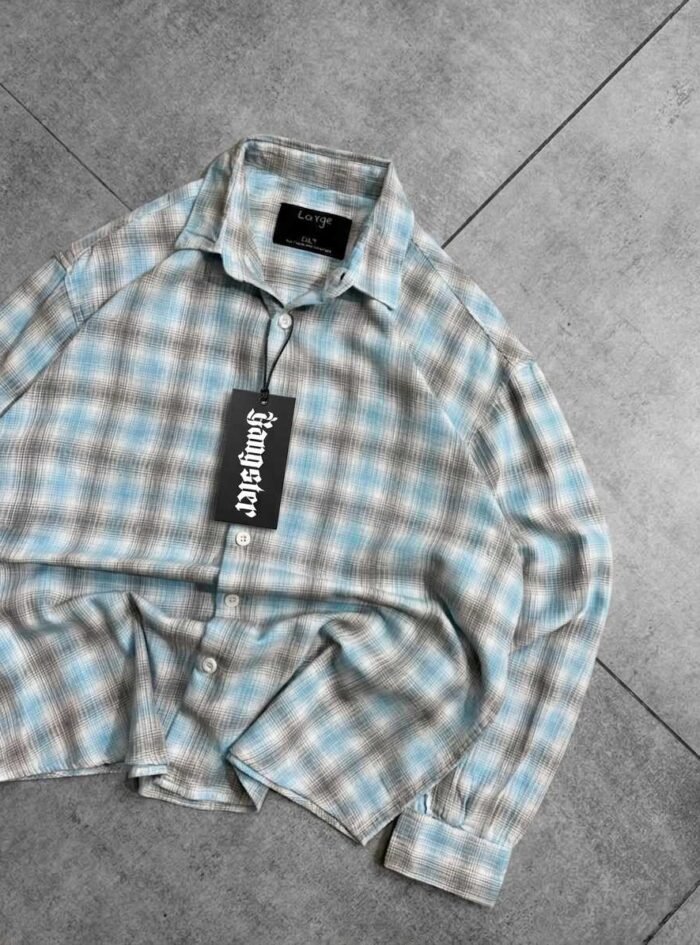 Cropped Plaid Button-up Shirt-Blue3