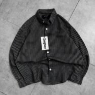 DNK Back Printed Cropped Striped Button-up Shirt-Black1