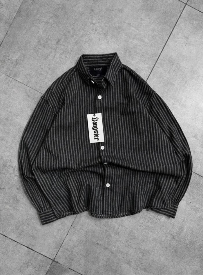 DNK Back Printed Cropped Striped Button-up Shirt-Black1