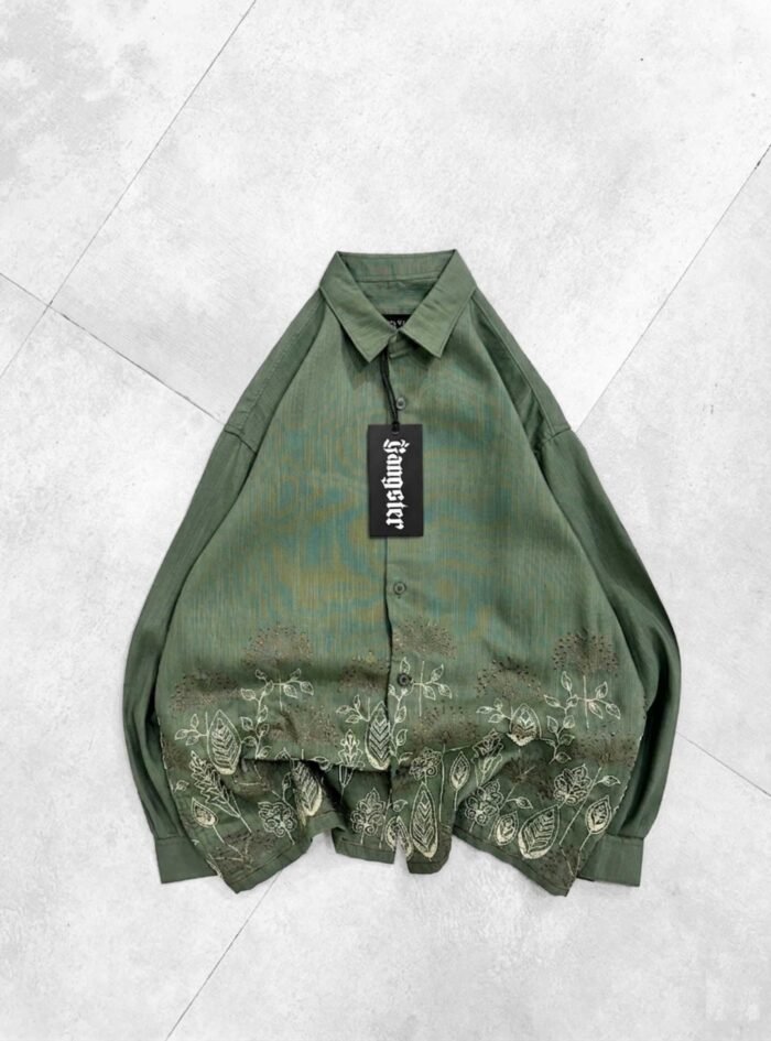 Flower Bottom Embroidery Dropshoulder Shirt-Olive green
