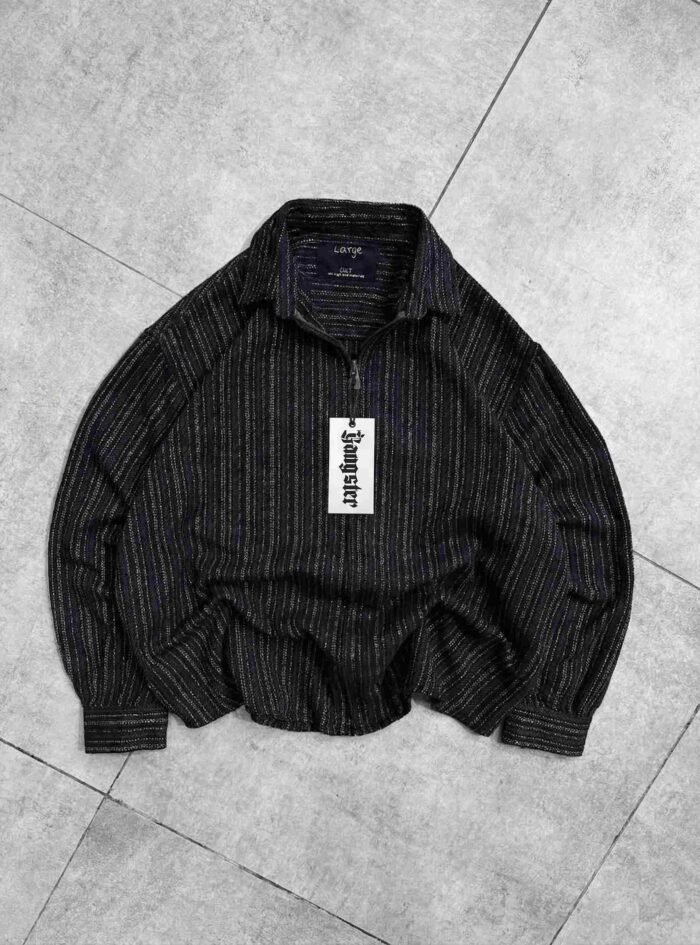 Hidden Zipper With Striped Drop-Shoulder Shirt-Black1