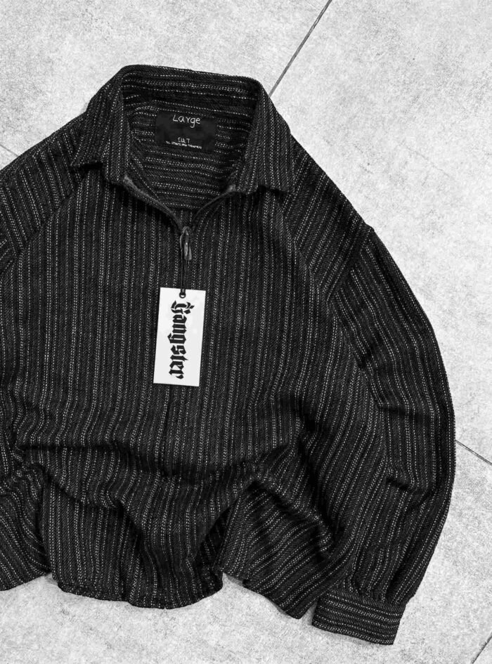 Hidden Zipper With Striped Drop-Shoulder Shirt-Black2