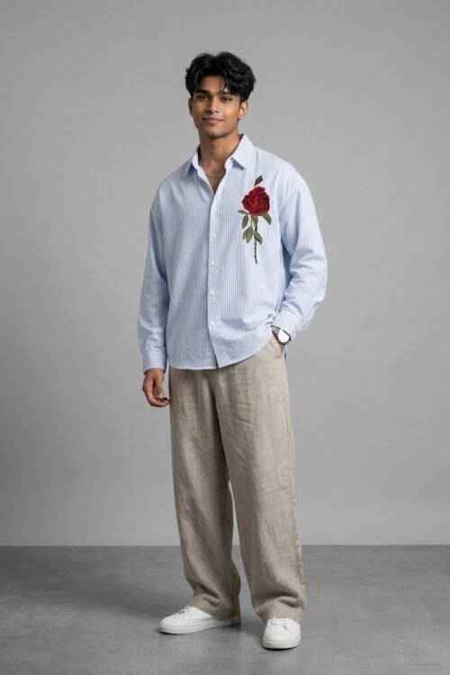 The "Crimson Bloom" Old Money Blue Striped Oversized Shirt