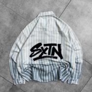 SXTN Back Puff Printed With Dip-Dye Striped Dropshoulder Shirt-blue2