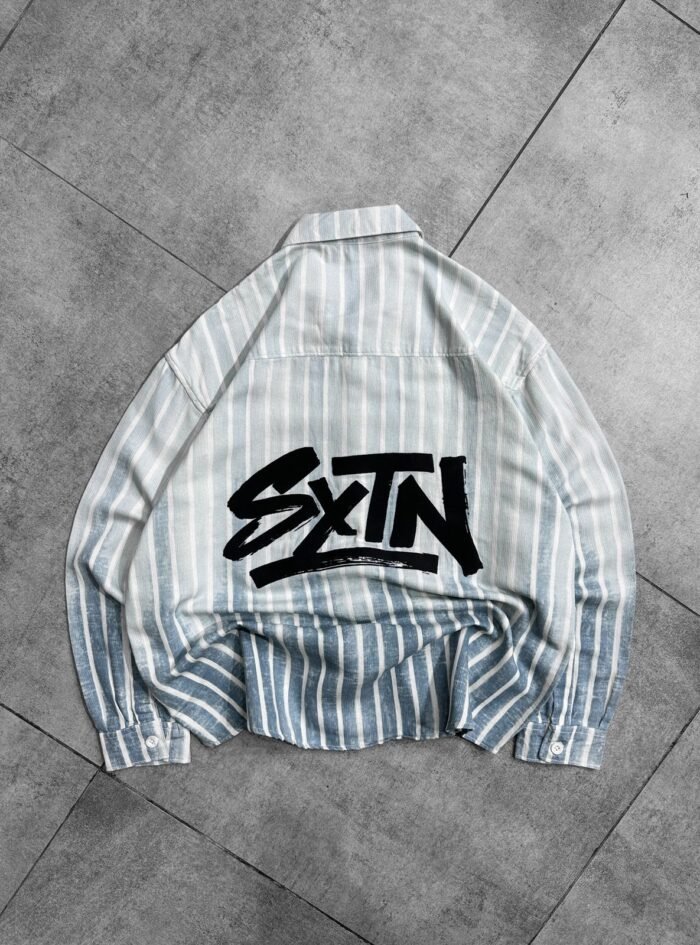 SXTN Back Puff Printed With Dip-Dye Striped Dropshoulder Shirt-blue2