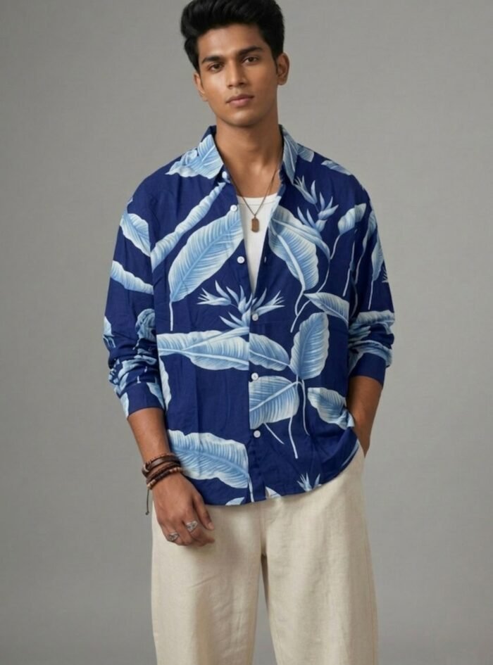 Tropical Leaf Print Shirt-blue1